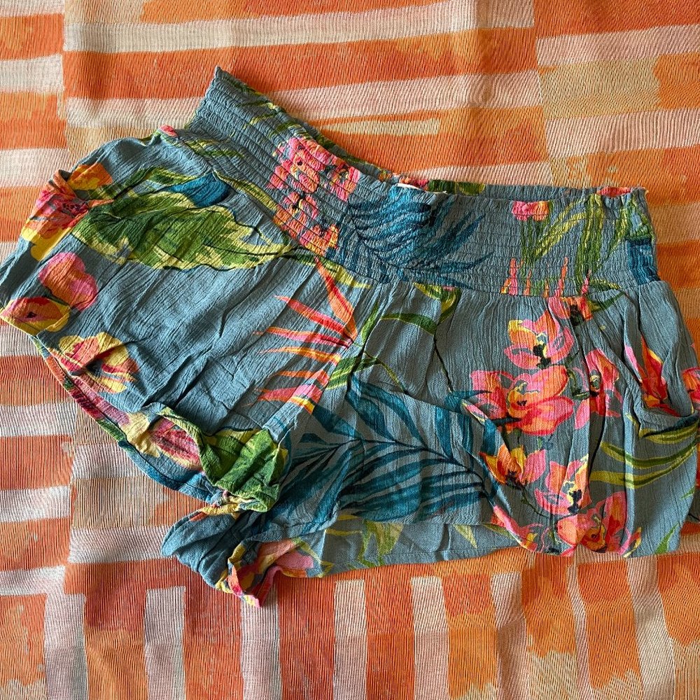 Billabong Waves All Day Teal Green Tropical Print Smocked Shorts